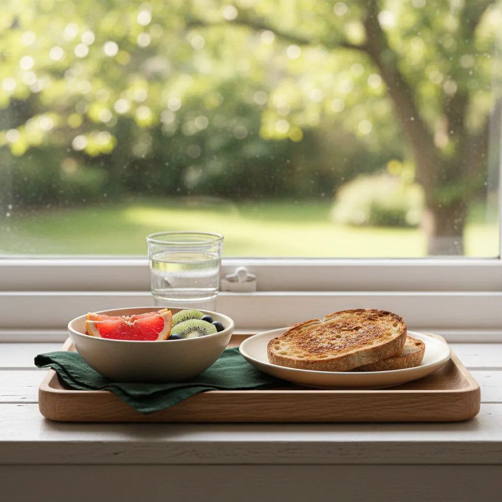 Glas vatten och frukostbricka med bröd och frukt på ljust fönsterbord på morgonen