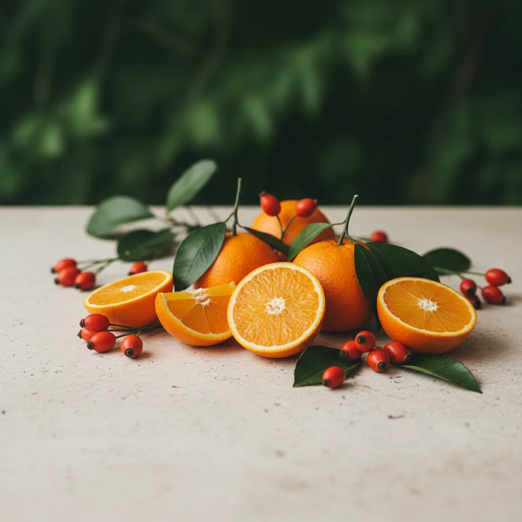 Färska apelsiner och nypon på ljus stenbänk - naturliga källor till vitamin C
