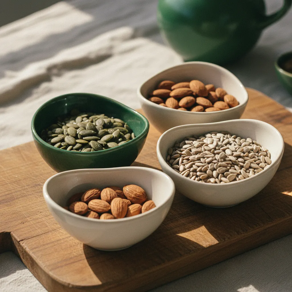 Skål med pumpafrön, mandlar och solrosfrön på träbräda - källor till magnesium och B-vitaminer