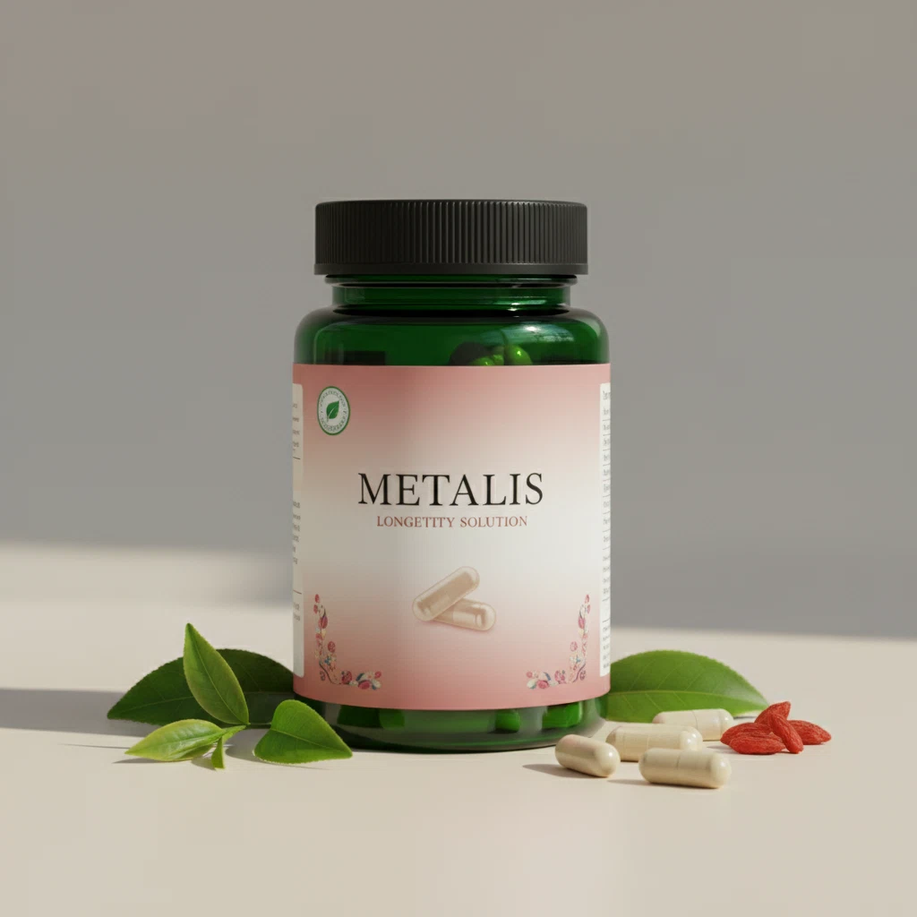 Metalis Longevity Solution - mörk grön glasburk med silverlock och designetikett